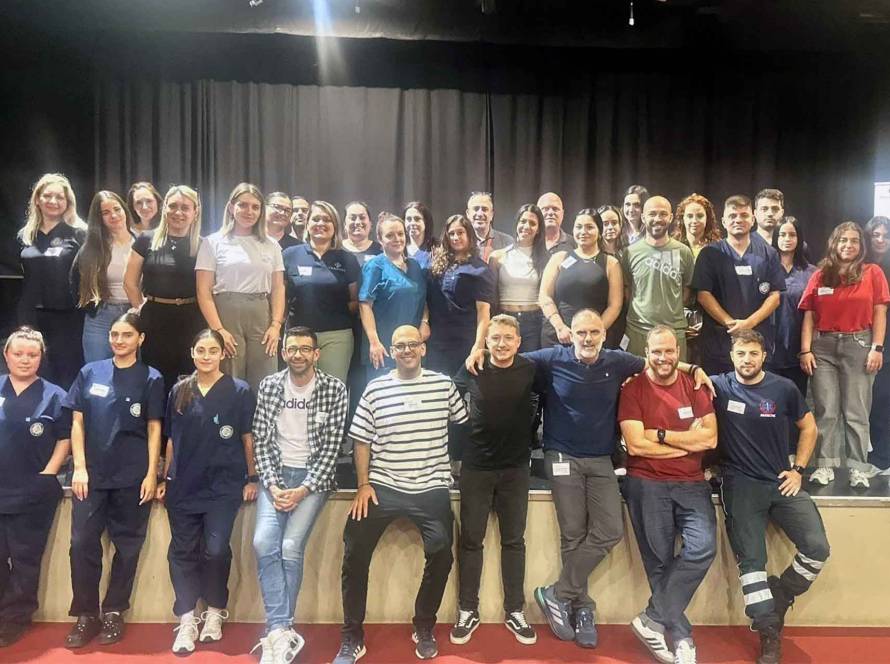 Healthcare professionals practicing CPR and bleeding control techniques during BLS and STOP THE BLEED training sessions at Galenus Clinic in Zakynthos.